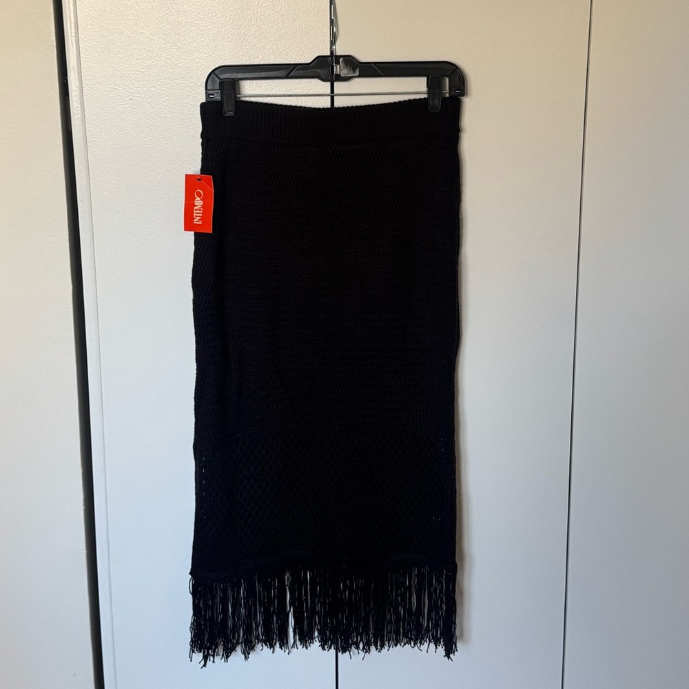 NWT Black Crochet Fringe Midi Skirt